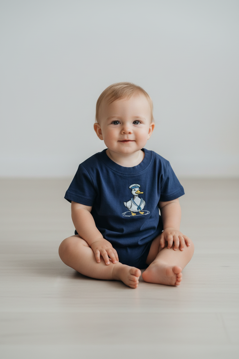 Baby wearing a navy blue shirt with a graphic design sitting on a light-colored floor.