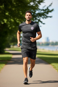 Man running on a path with trees and a city skyline in the background