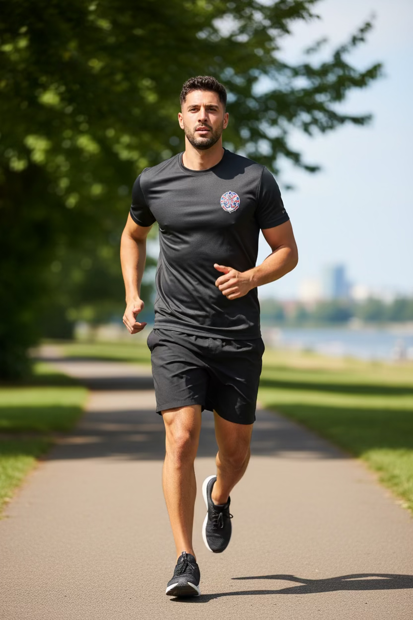 Man running on a path with trees and a city skyline in the background