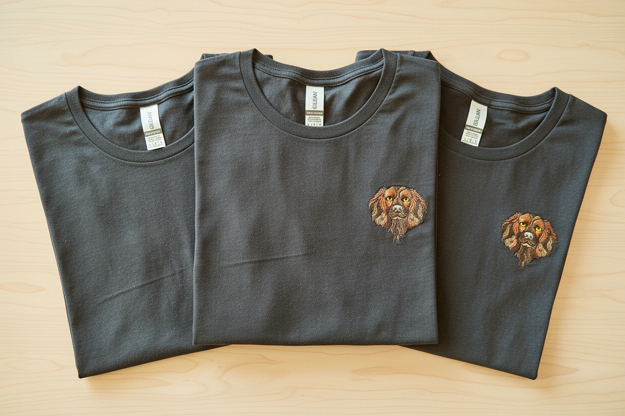 Three folded black t-shirts with embroidered dog designs on a wooden surface