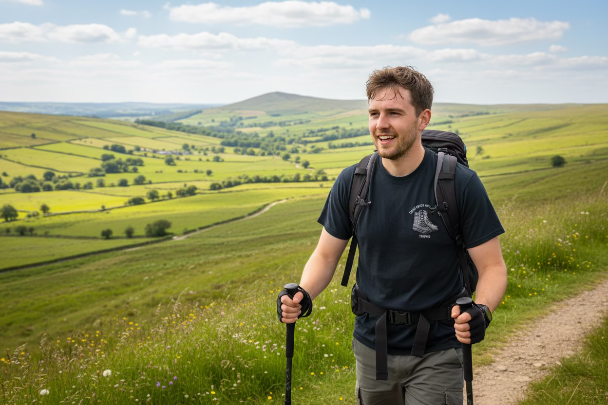 Man hiking with a backpack and walking sticks in a scenic landscape
