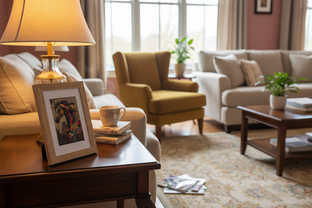 Living room with beige sofas, a yellow armchair, and a wooden coffee table.