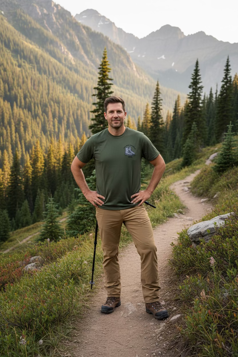 Man standing on a mountain trail with a forest and mountains in the background