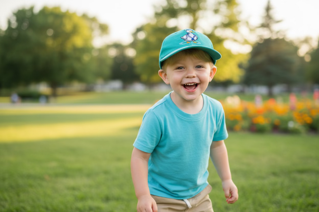 Child wearing a blue shirt and cap in a park