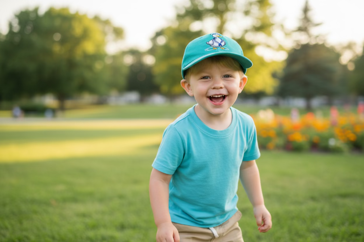 Child wearing a blue shirt and cap in a park