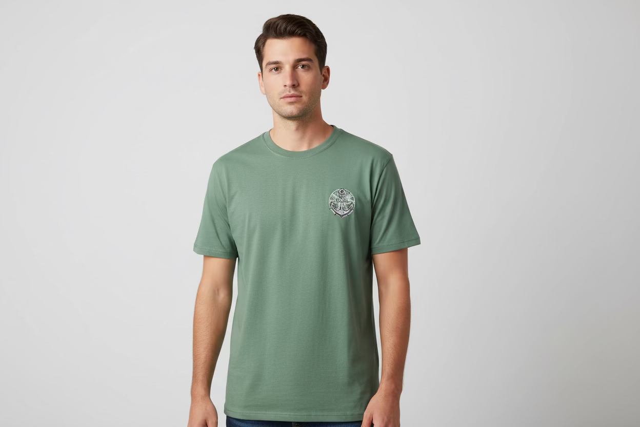 Man wearing a green t-shirt with a logo on a gray background