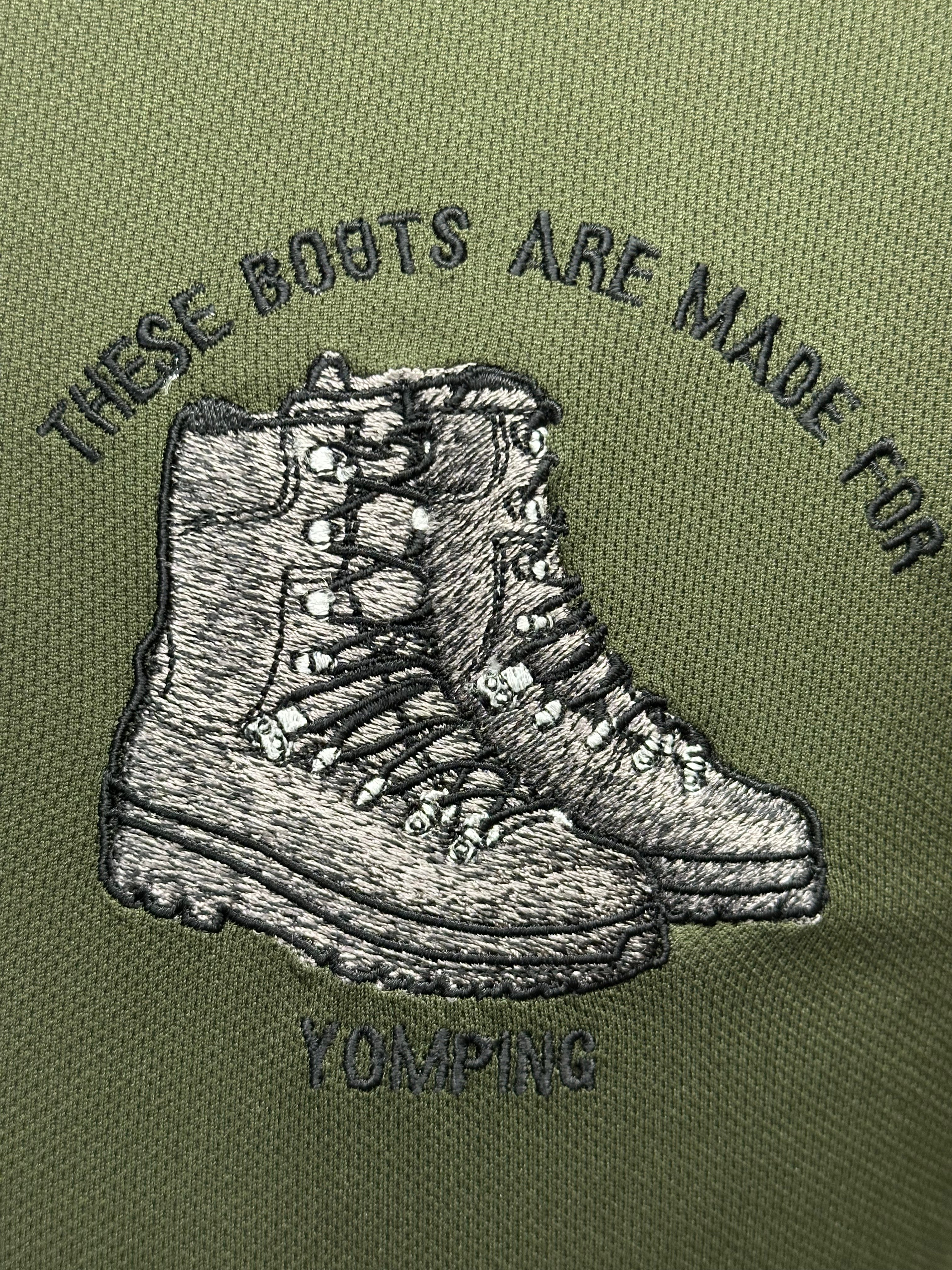 Embroidered boots with 'These boots are made for y. camping' text on a green background