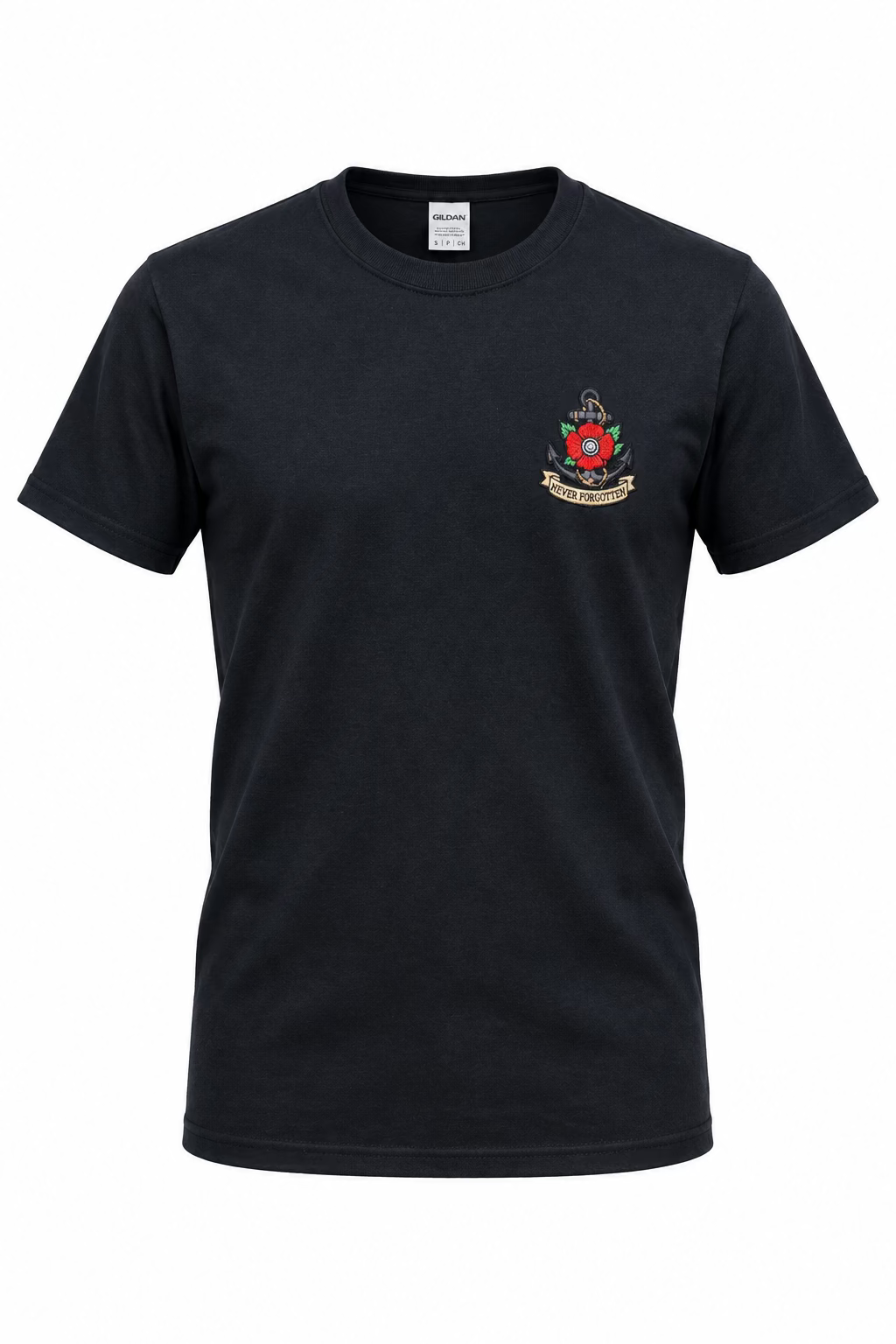 A black short-sleeve crewneck t-shirt. The shirt features a small embroidered crest on the left chest containing a red rose, green leaves, and a gold banner. 