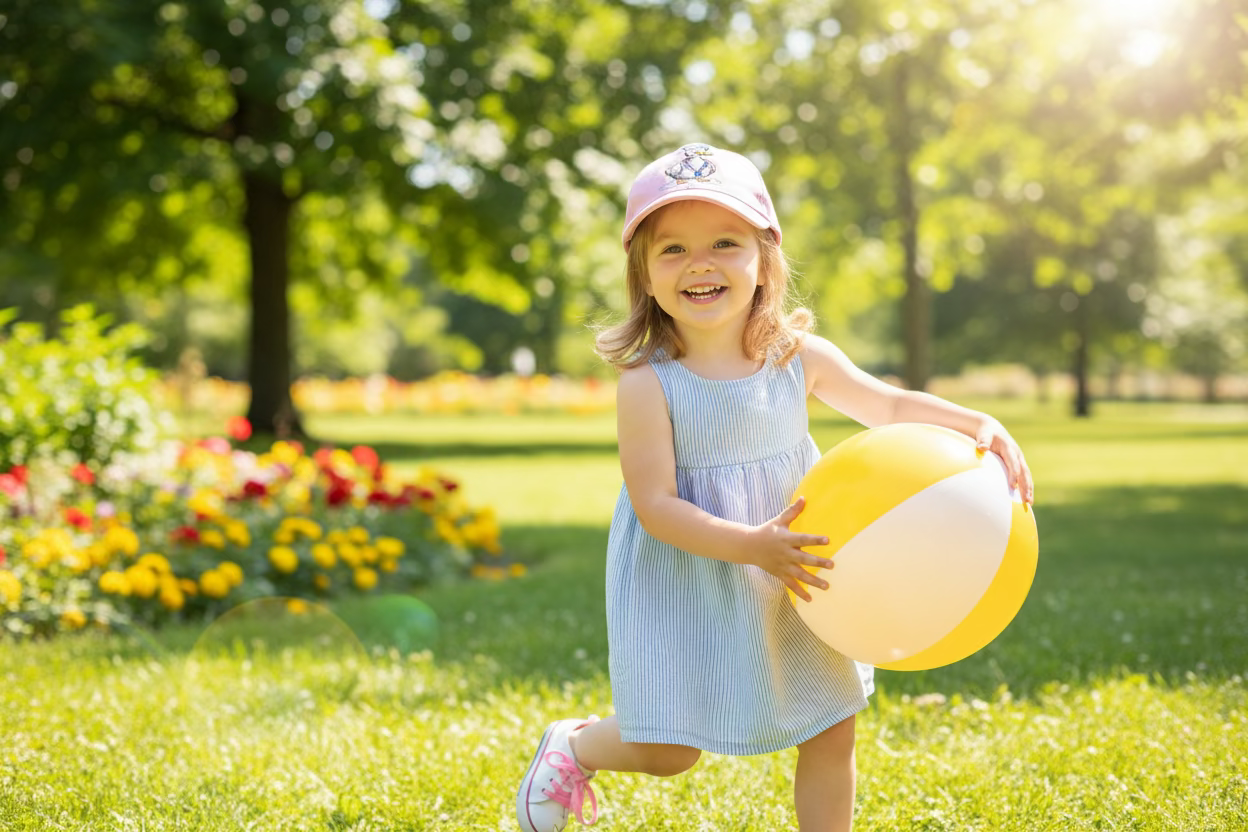 Child holding a beach ball in a park on a sunny day