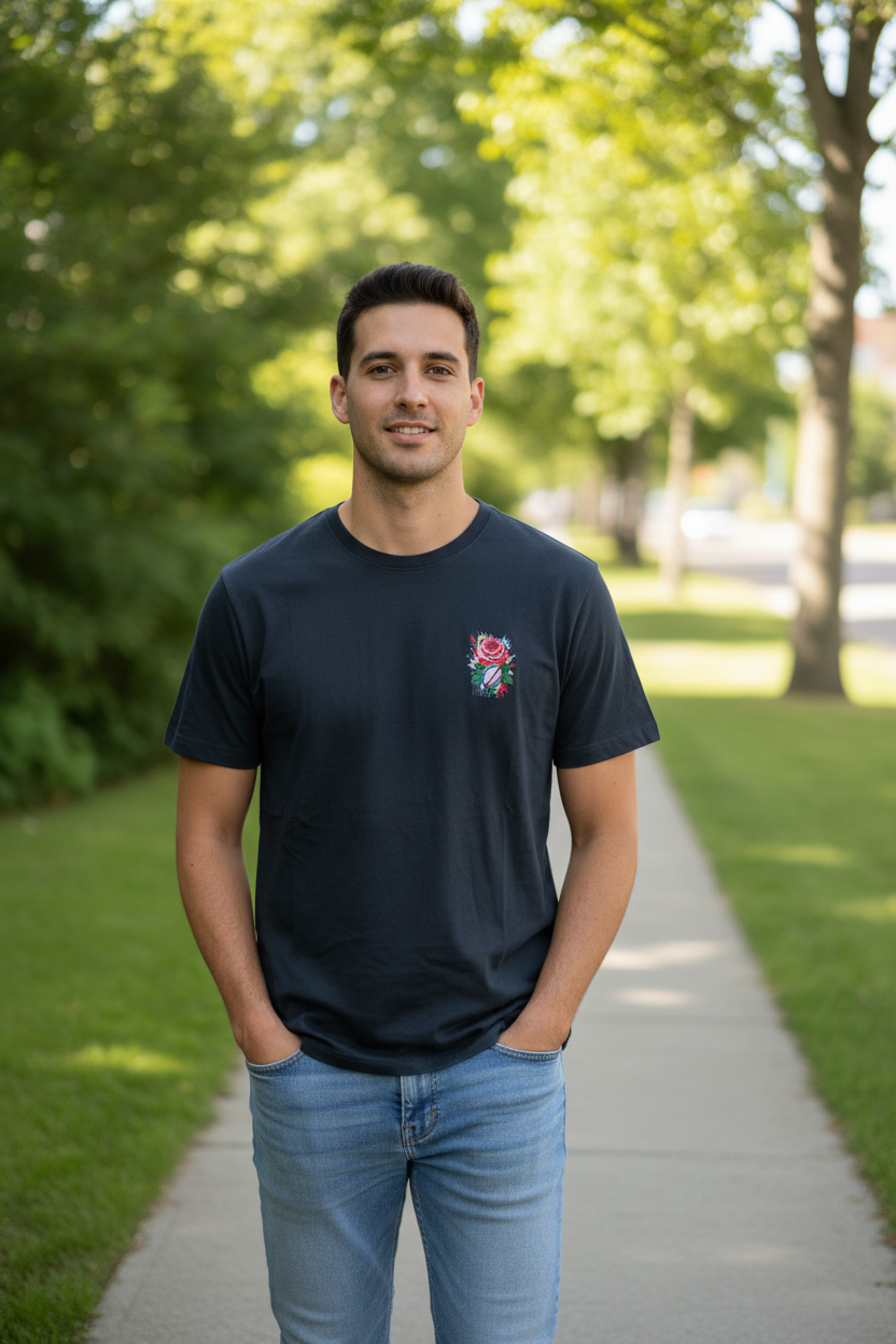 Man wearing a black t-shirt with a rose design outdoors on a sunny day