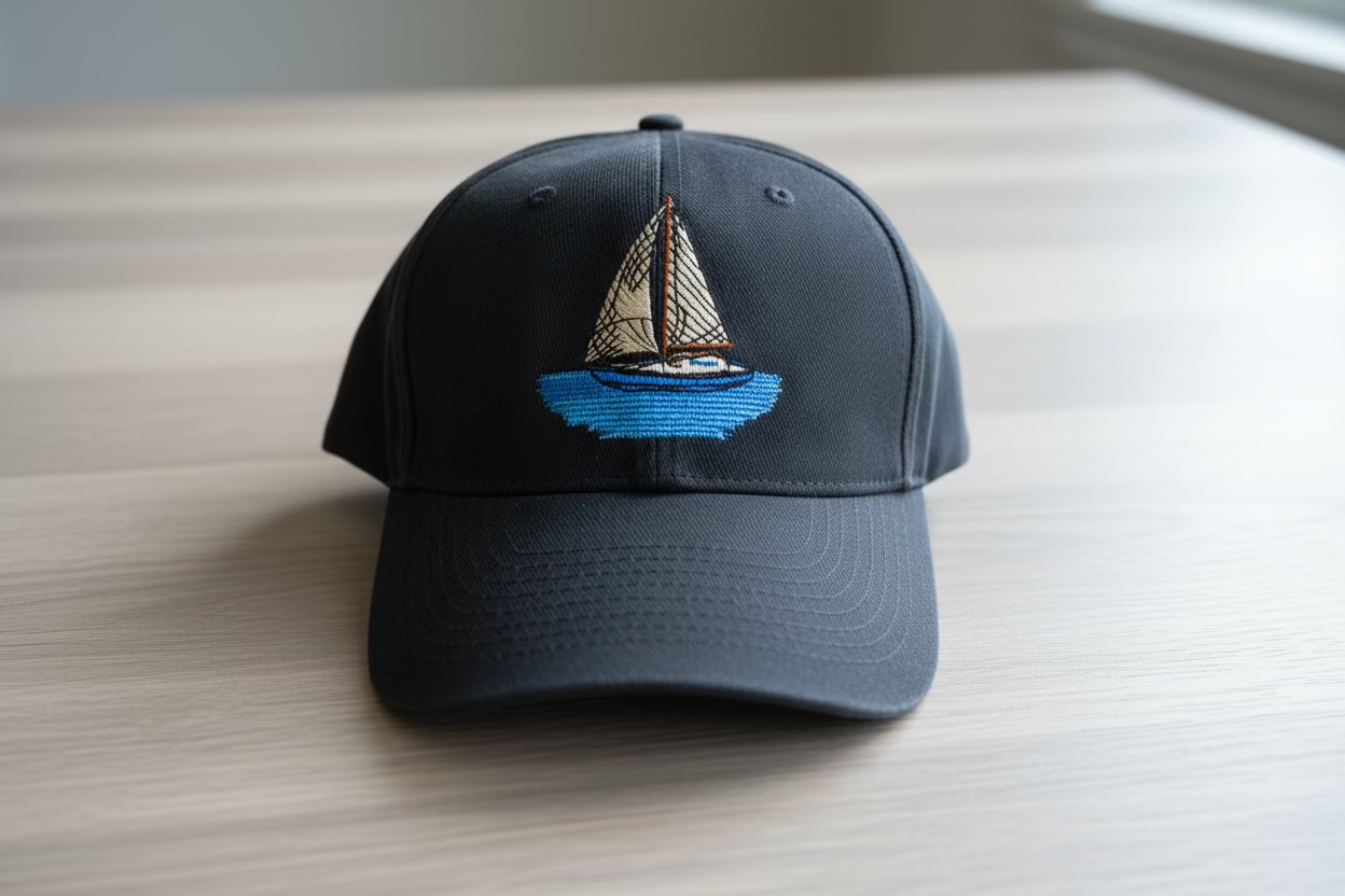 Navy cap with sailboat design on a wooden surface