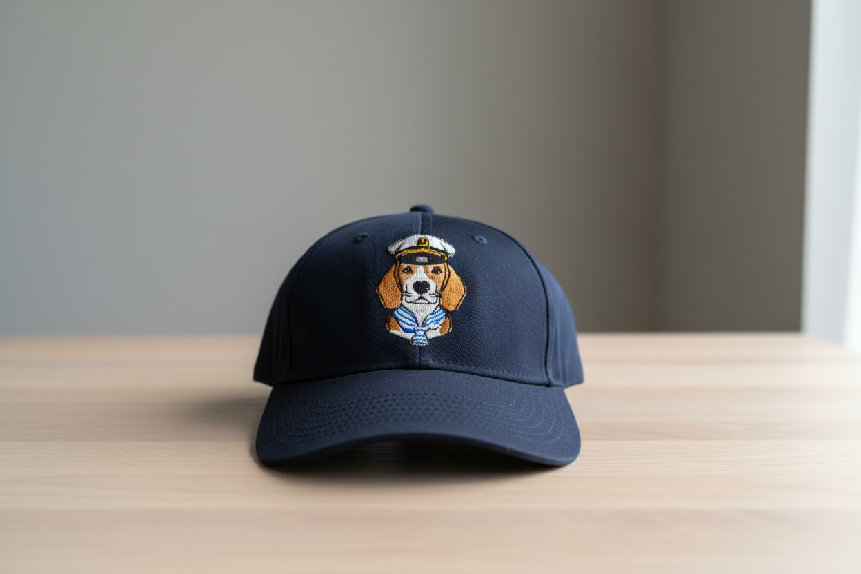 Navy blue cap with a dog illustration in a sailor hat on a wooden surface.