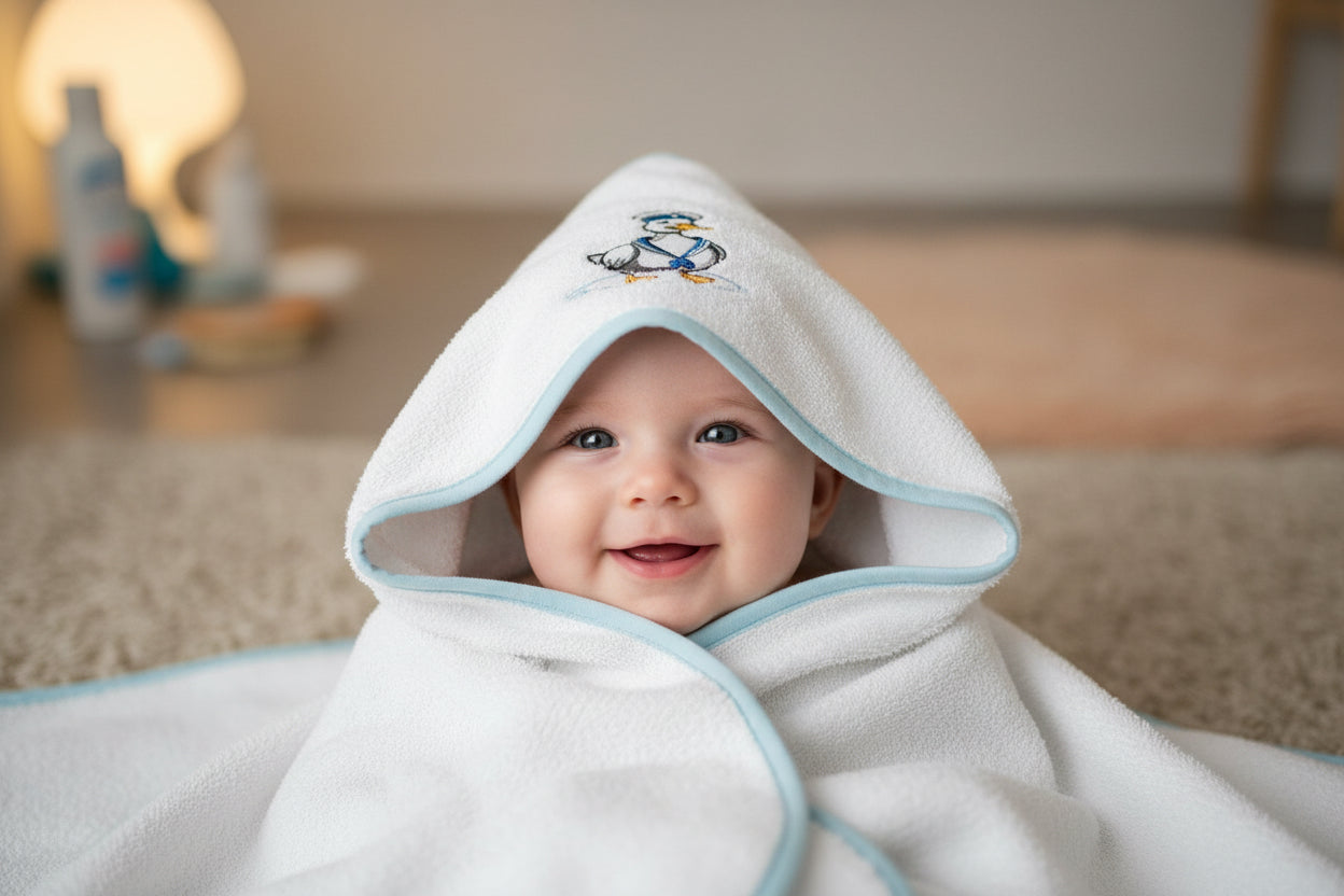 Baby wrapped in a white hooded towel with blue trim, smiling indoors.