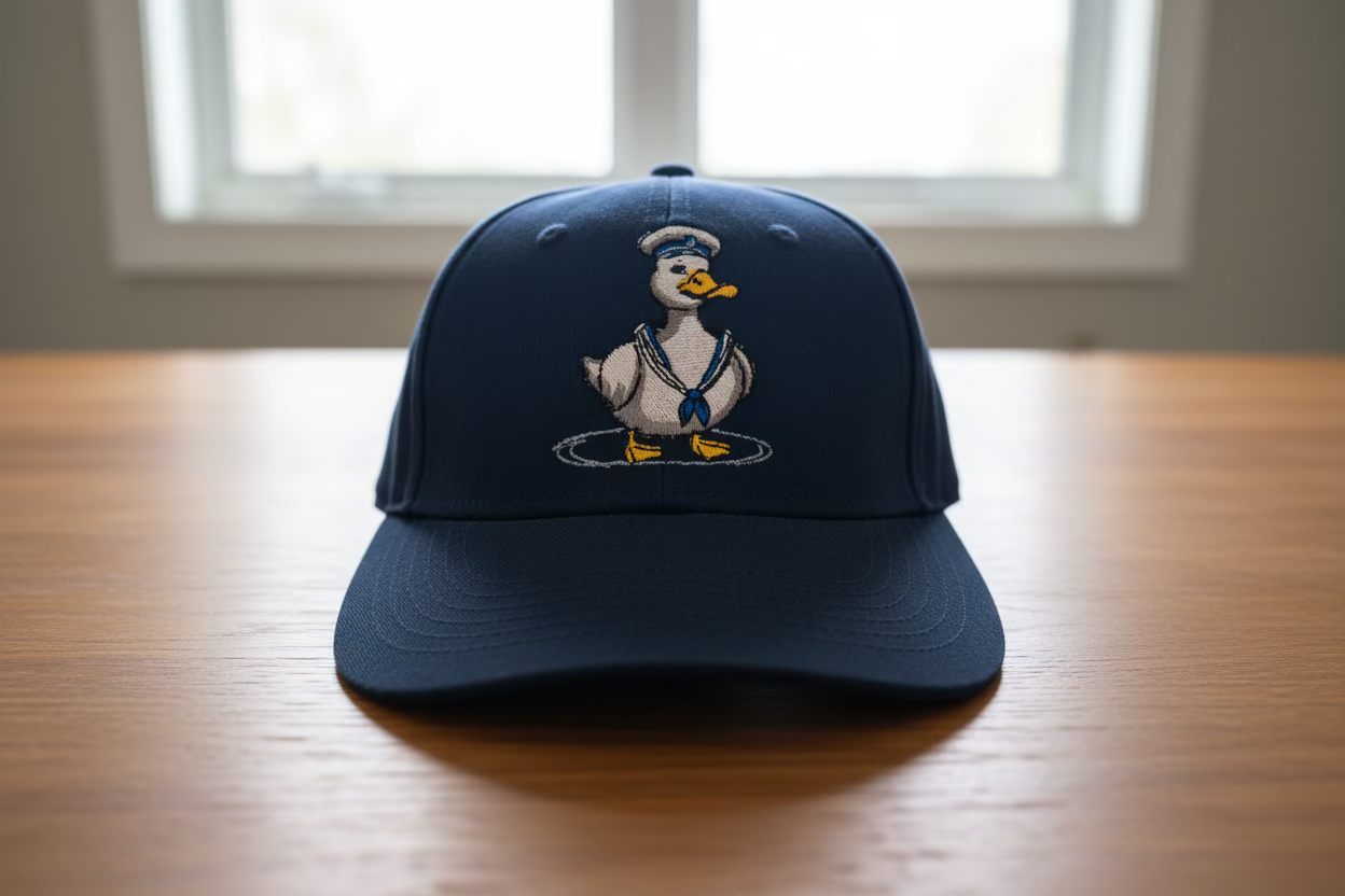Navy blue cap with a duck logo on a wooden surface