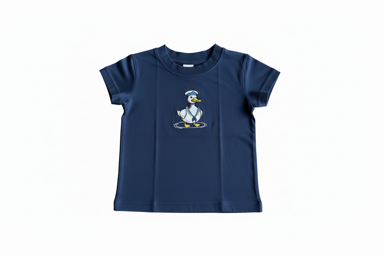 Navy blue t-shirt with a sailor duck graphic on a white background