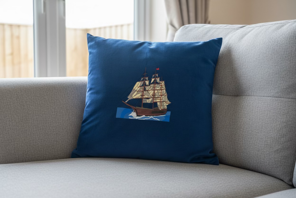Blue pillow with a ship design on a gray couch