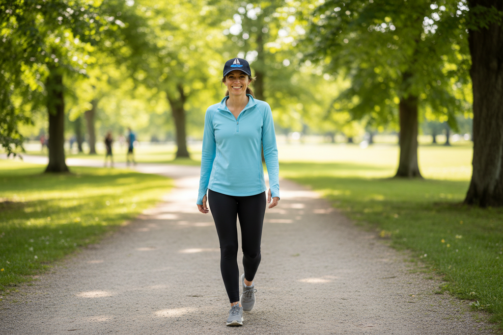 Woman walking in a park wearing athletic attire