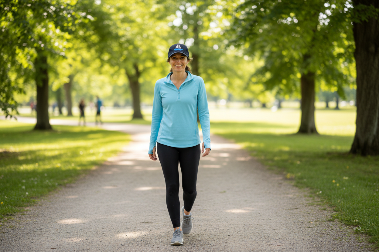 Woman walking in a park wearing athletic attire