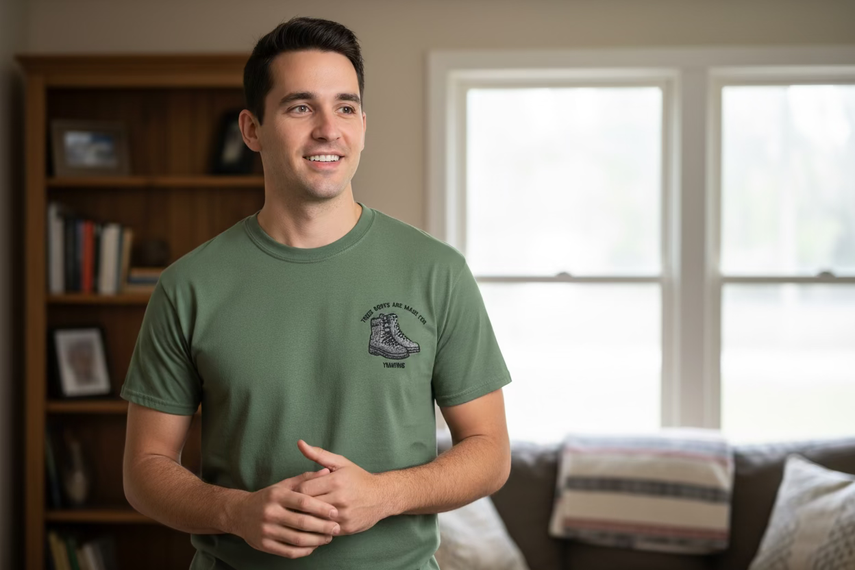 Man wearing a green t-shirt with a logo in a living room setting