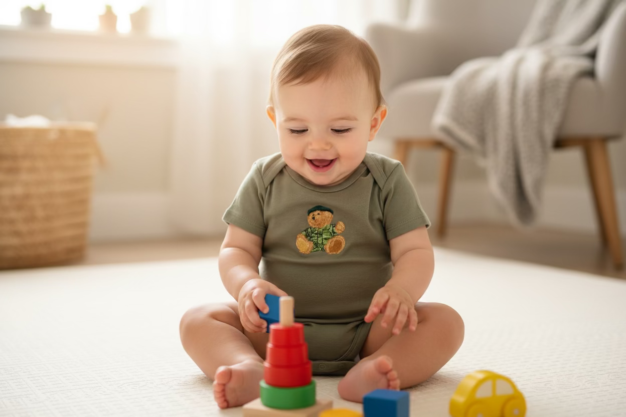 Baby playing with colorful blocks on a light-colored floor.
