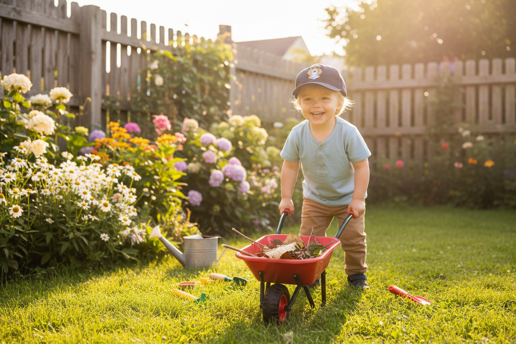 Child with a wheelbarrow in a garden with flowers and a wooden fence.