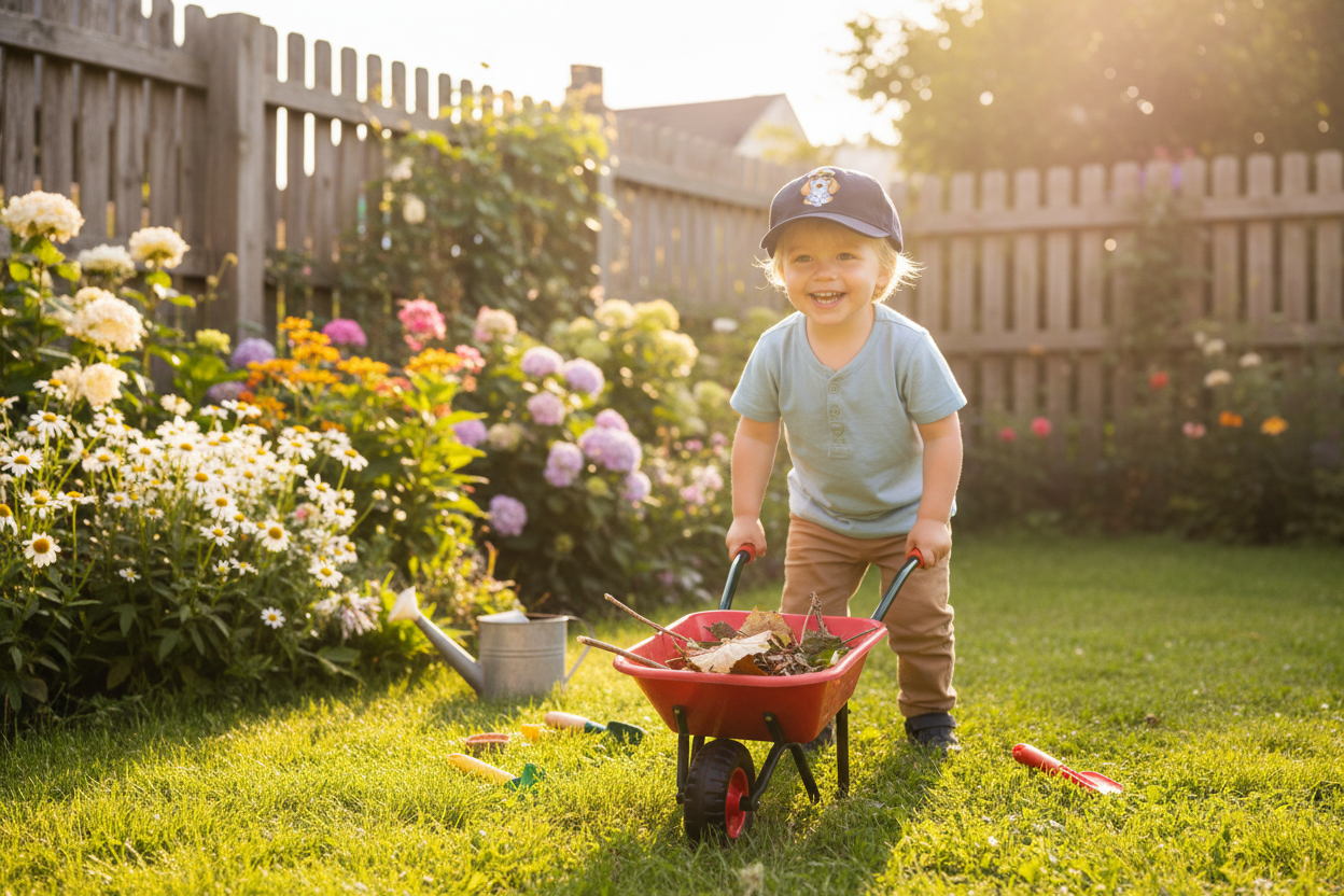 Child with a wheelbarrow in a garden with flowers and a wooden fence.