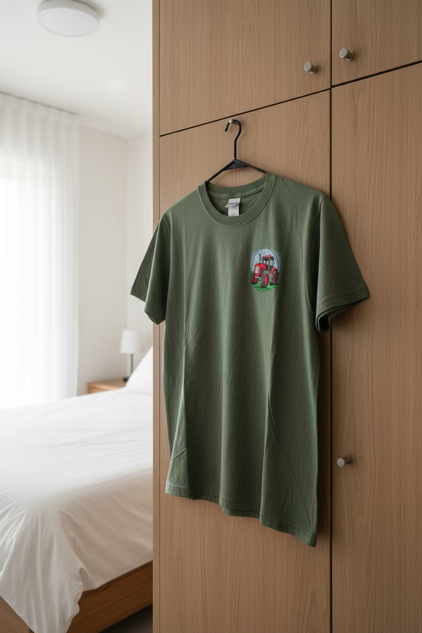 Green t-shirt with a graphic design on a hanger in front of a wooden wardrobe.