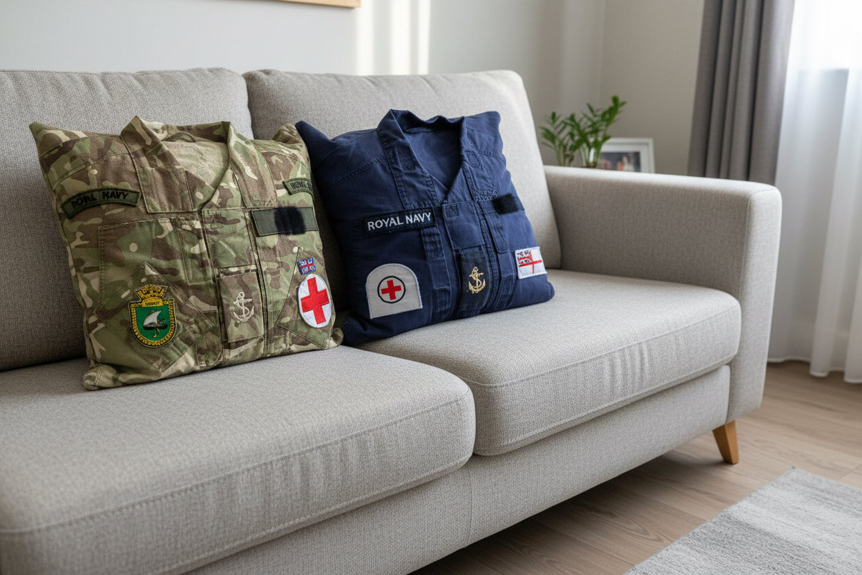 Two cushions, one camouflage and one navy with 'Royal Navy' branding, on a blue carpet.