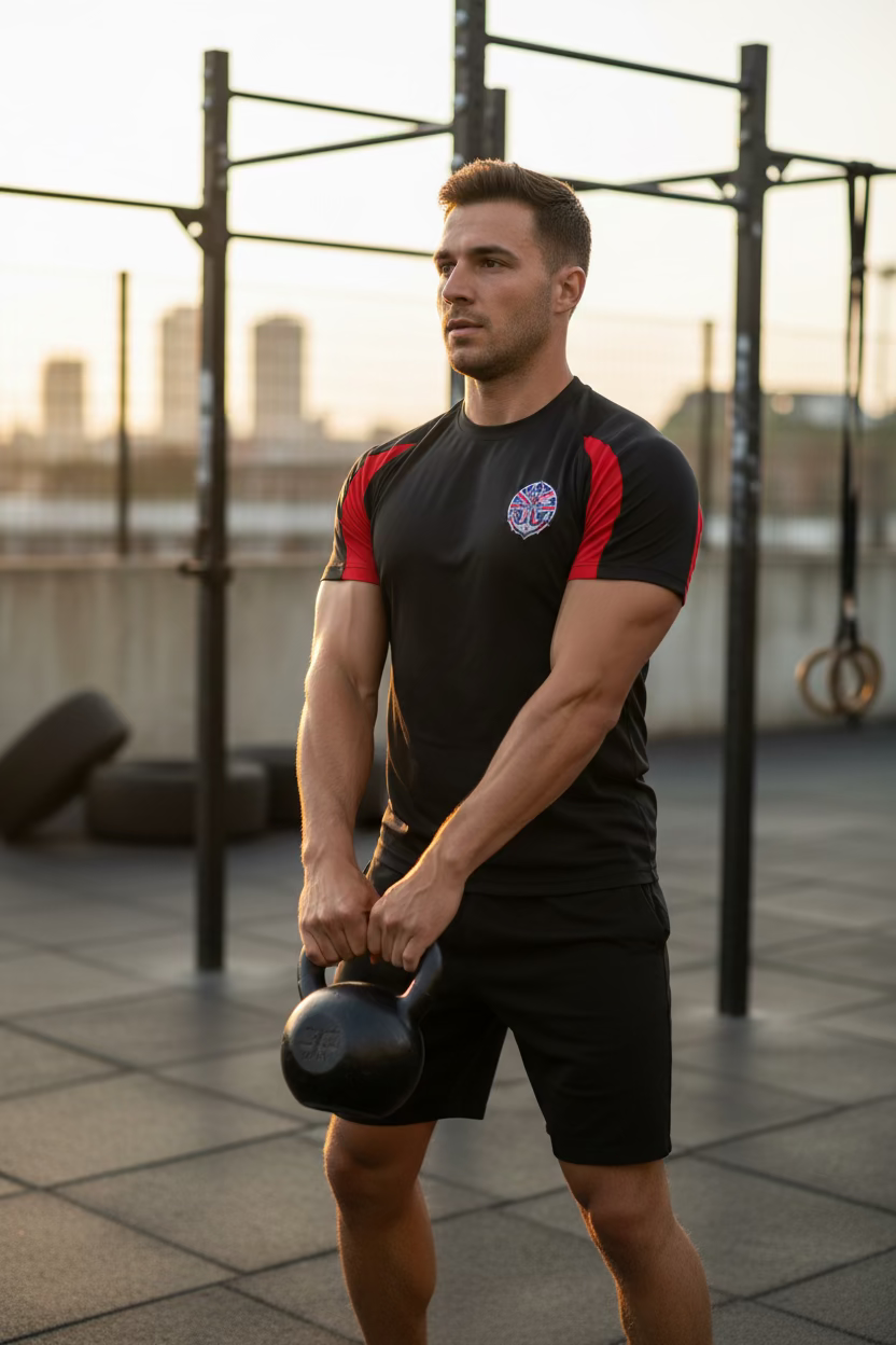 Man holding a kettlebell outdoors on a rooftop with urban skyline in the background