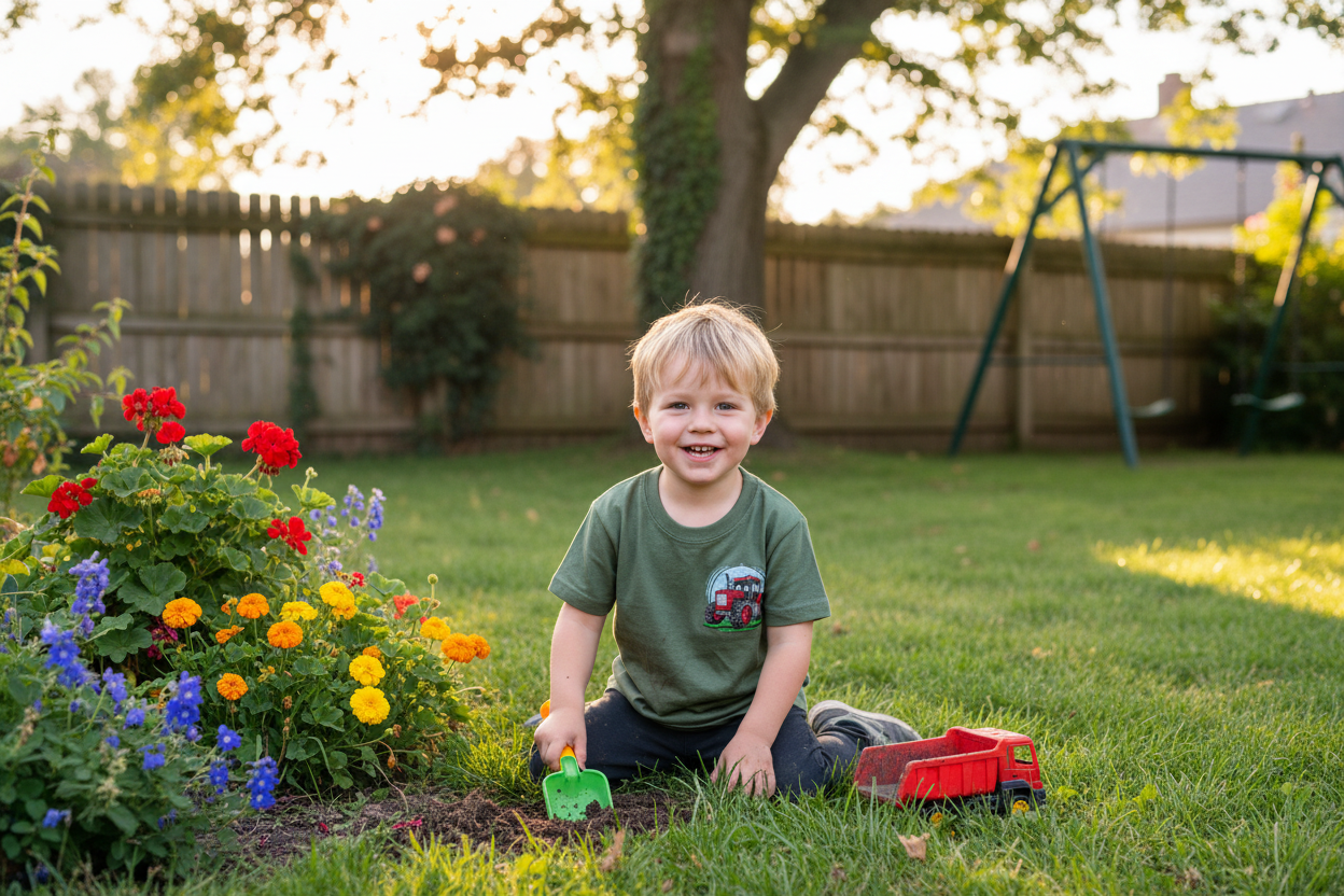 Child playing with a toy truck in a garden with flowers and a swing set in the background