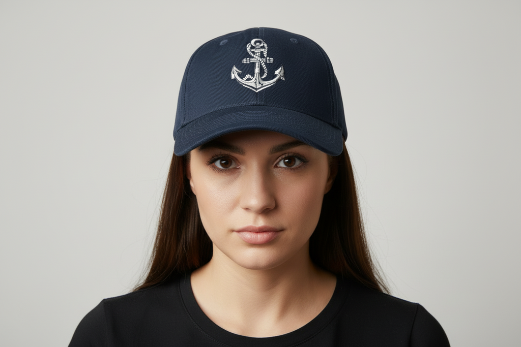 Lady wearing an embroidered anchor cap 