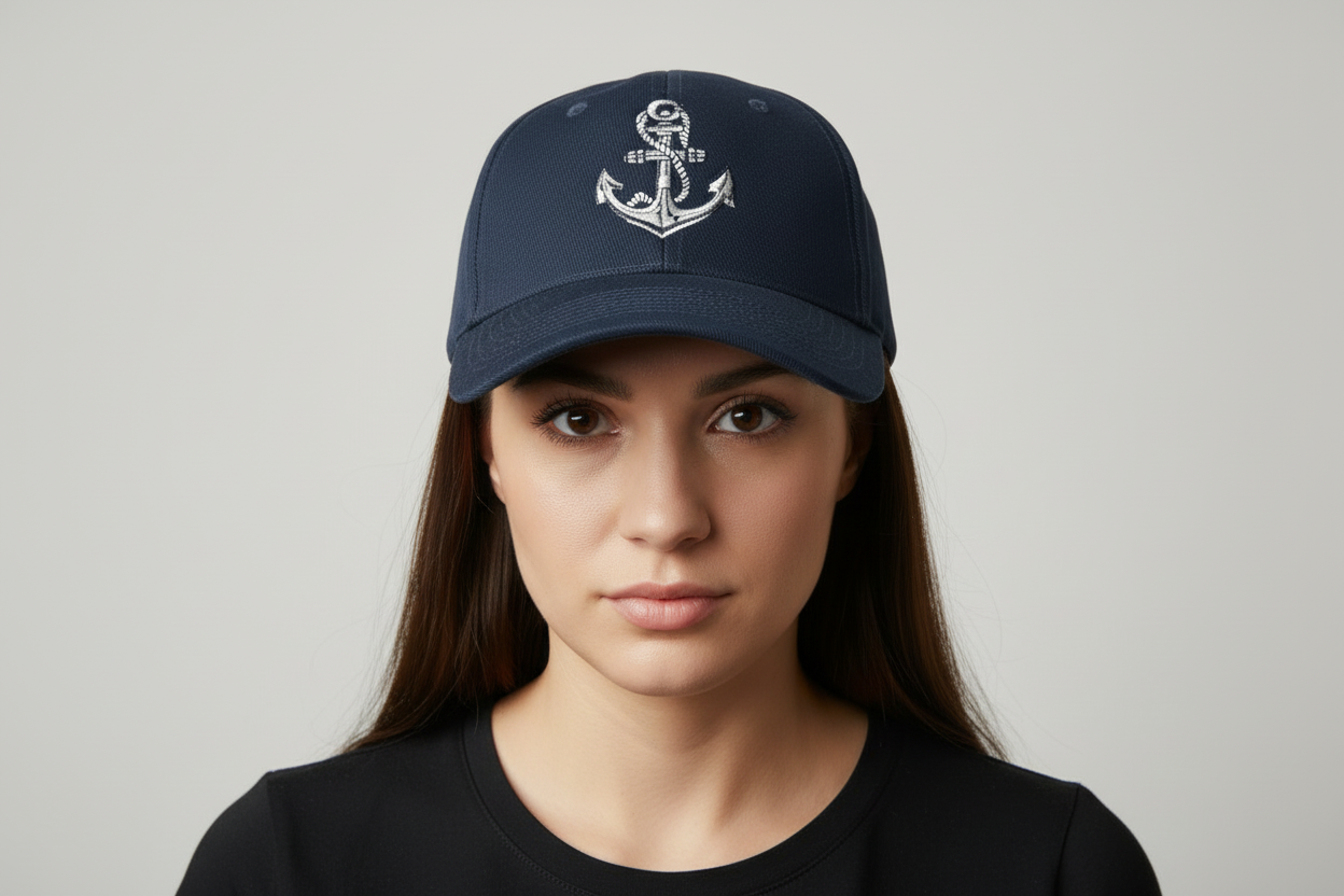 Lady wearing an embroidered anchor cap 