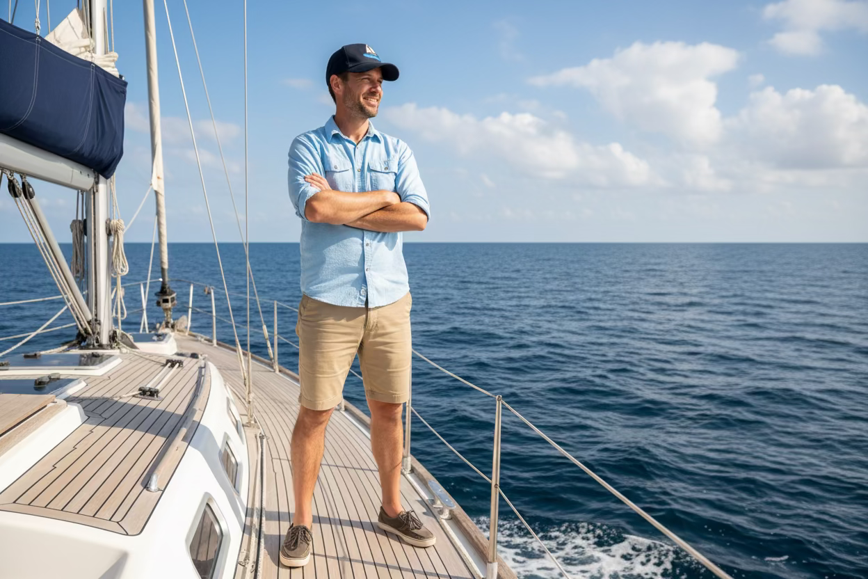 Man standing on a sailboat deck with arms crossed, blue sky and ocean background