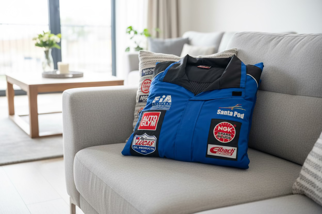 Blue racing jacket with various brand logos on a blurred background