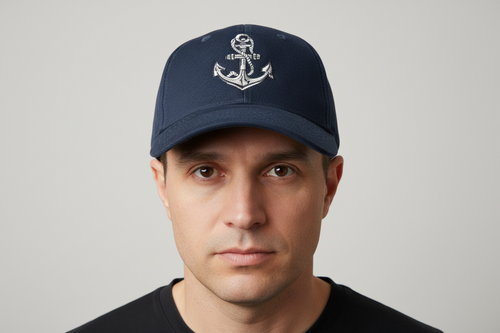 Man wearing a navy blue cap with an anchor emblem on a gray background