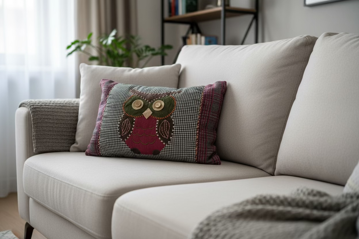 Decorative pillow with owl design on a textured surface