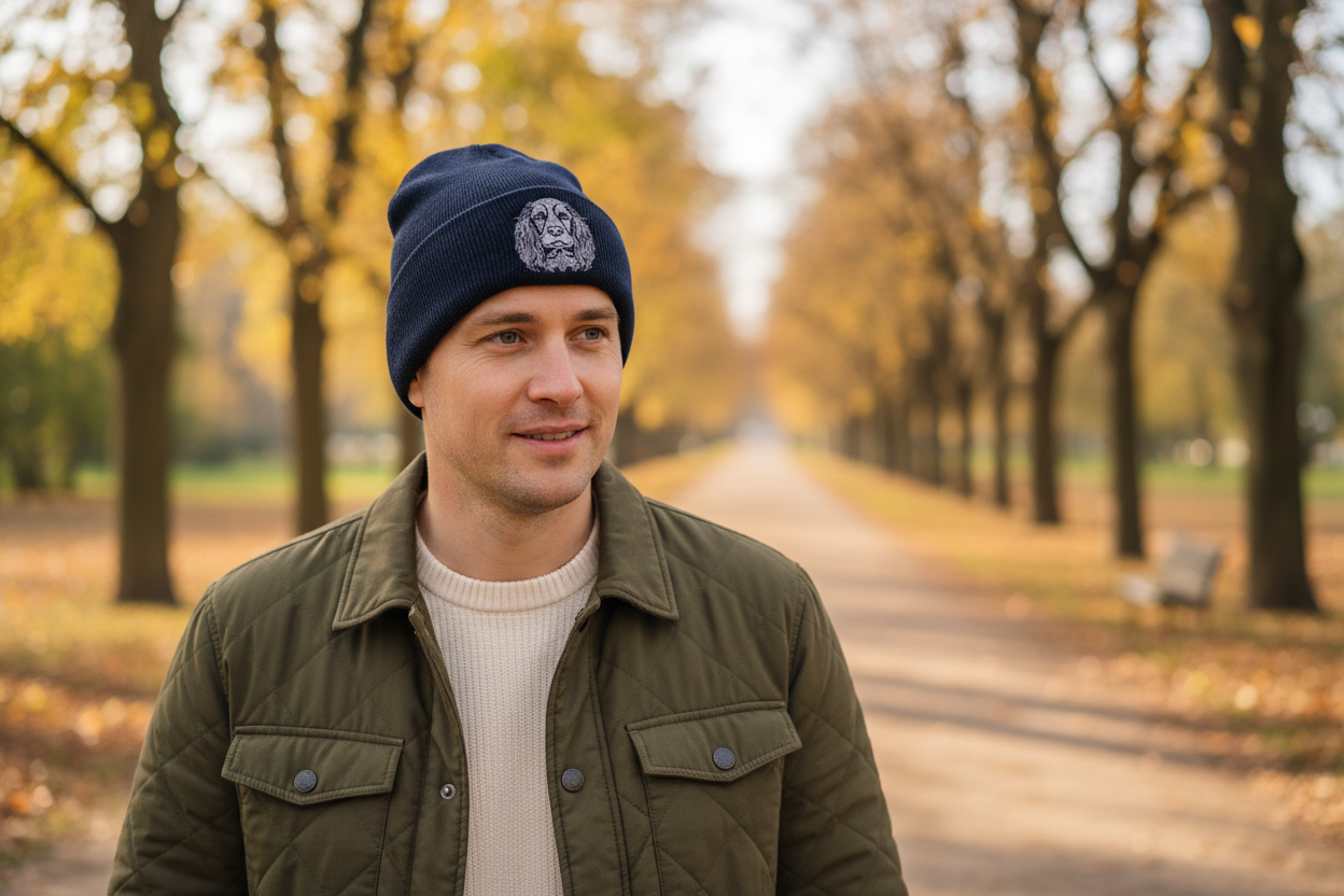 Man wearing a blue beanie and green jacket standing in a park with trees and a path in the background