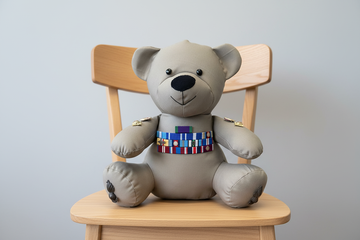 Gray teddy bear with a colorful ribbon on a wooden chair against a light gray background